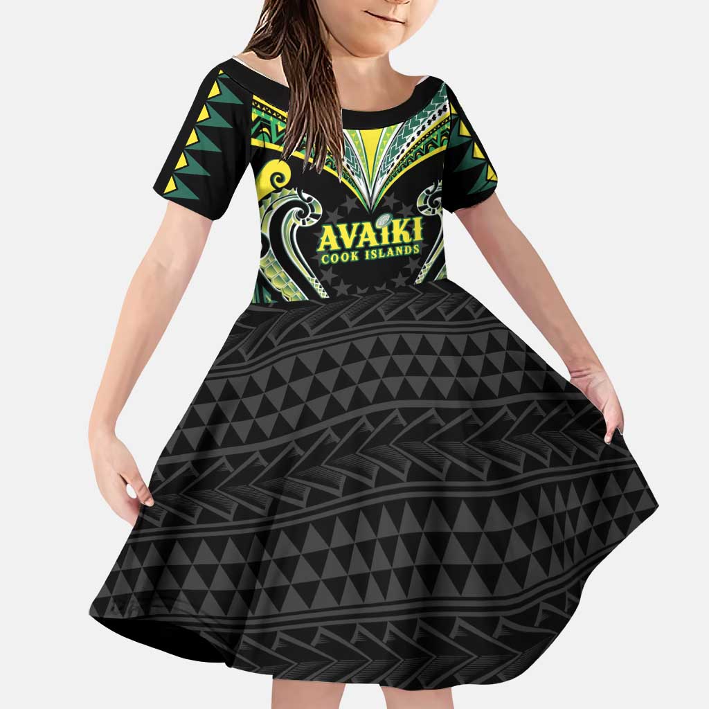 Custom Rugby Cook Islands Avaiki Family Matching Off The Shoulder Long Sleeve Dress and Hawaiian Shirt Black Kuki Airani Tribal Maori Inspired LT9 Daughter's Dress Black - Polynesian Pride