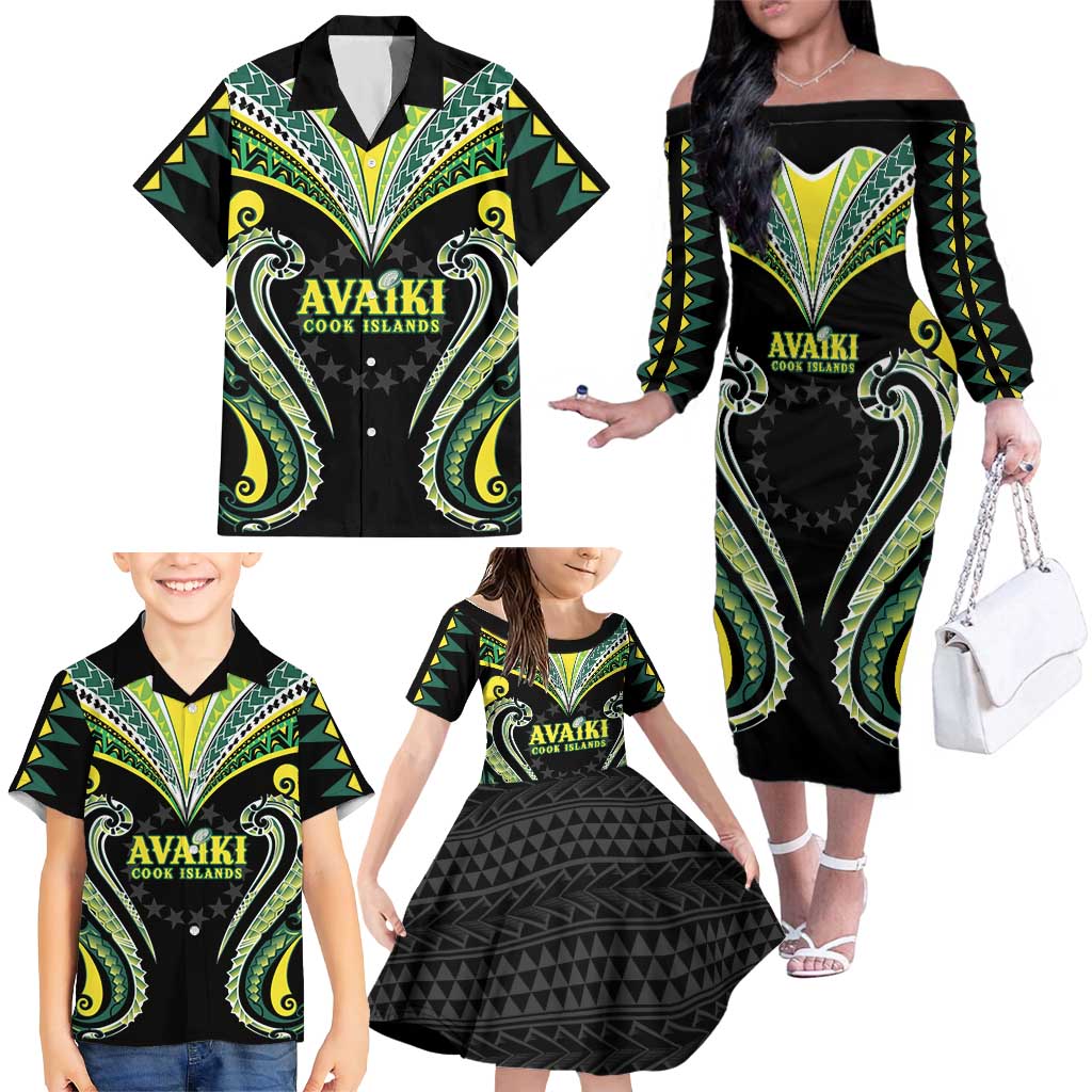 Custom Rugby Cook Islands Avaiki Family Matching Off The Shoulder Long Sleeve Dress and Hawaiian Shirt Black Kuki Airani Tribal Maori Inspired LT9 - Polynesian Pride