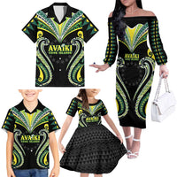 Custom Rugby Cook Islands Avaiki Family Matching Off The Shoulder Long Sleeve Dress and Hawaiian Shirt Black Kuki Airani Tribal Maori Inspired LT9 - Polynesian Pride