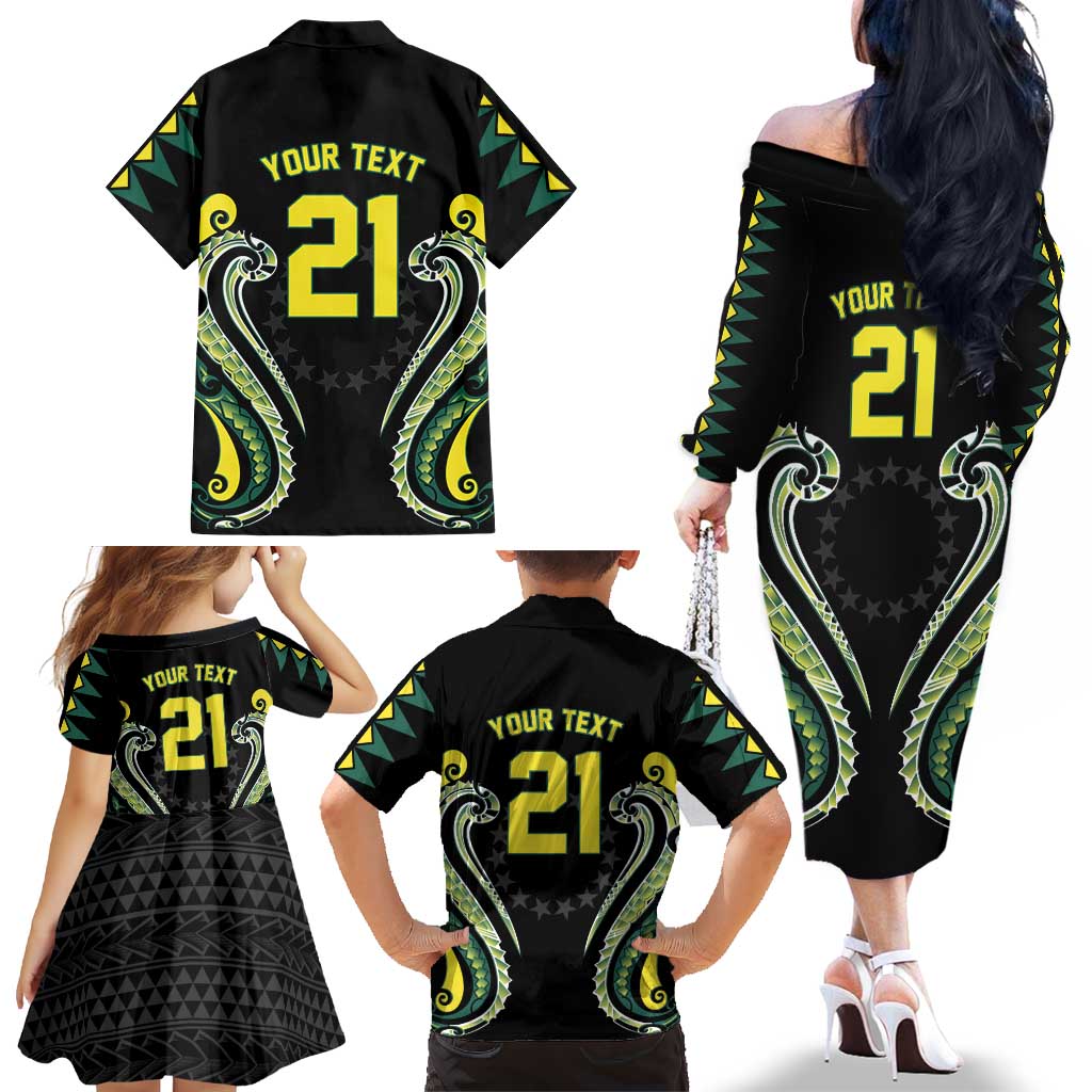 Custom Rugby Cook Islands Avaiki Family Matching Off The Shoulder Long Sleeve Dress and Hawaiian Shirt Black Kuki Airani Tribal Maori Inspired LT9 - Polynesian Pride