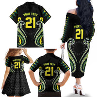 Custom Rugby Cook Islands Avaiki Family Matching Off The Shoulder Long Sleeve Dress and Hawaiian Shirt Black Kuki Airani Tribal Maori Inspired LT9 - Polynesian Pride