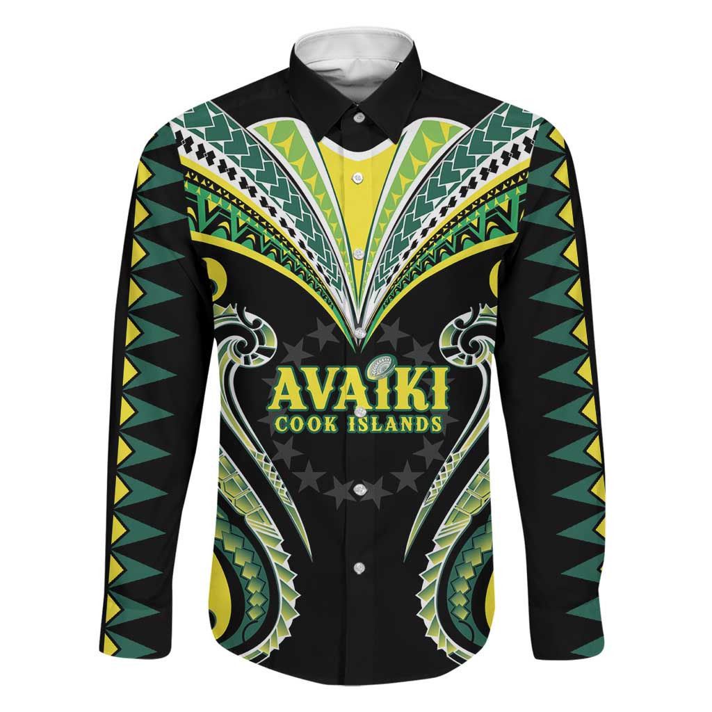 Custom Rugby Cook Islands Avaiki Family Matching Off The Shoulder Long Sleeve Dress and Hawaiian Shirt Black Kuki Airani Tribal Maori Inspired LT9 Dad's Shirt - Long Sleeve Black - Polynesian Pride