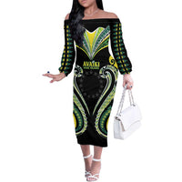 Custom Rugby Cook Islands Avaiki Family Matching Off The Shoulder Long Sleeve Dress and Hawaiian Shirt Black Kuki Airani Tribal Maori Inspired LT9 Mom's Dress Black - Polynesian Pride