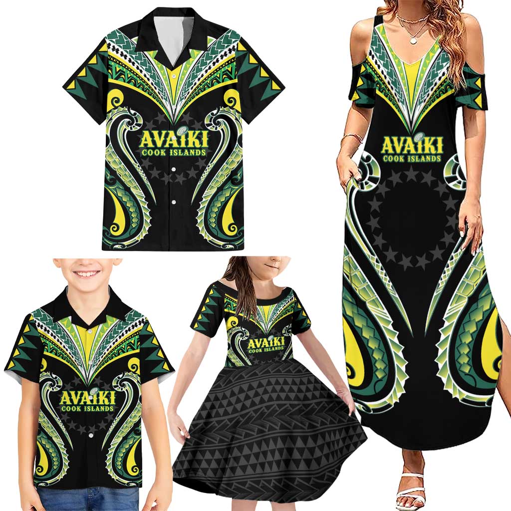Custom Rugby Cook Islands Avaiki Family Matching Summer Maxi Dress and Hawaiian Shirt Black Kuki Airani Tribal Maori Inspired - Polynesian Pride