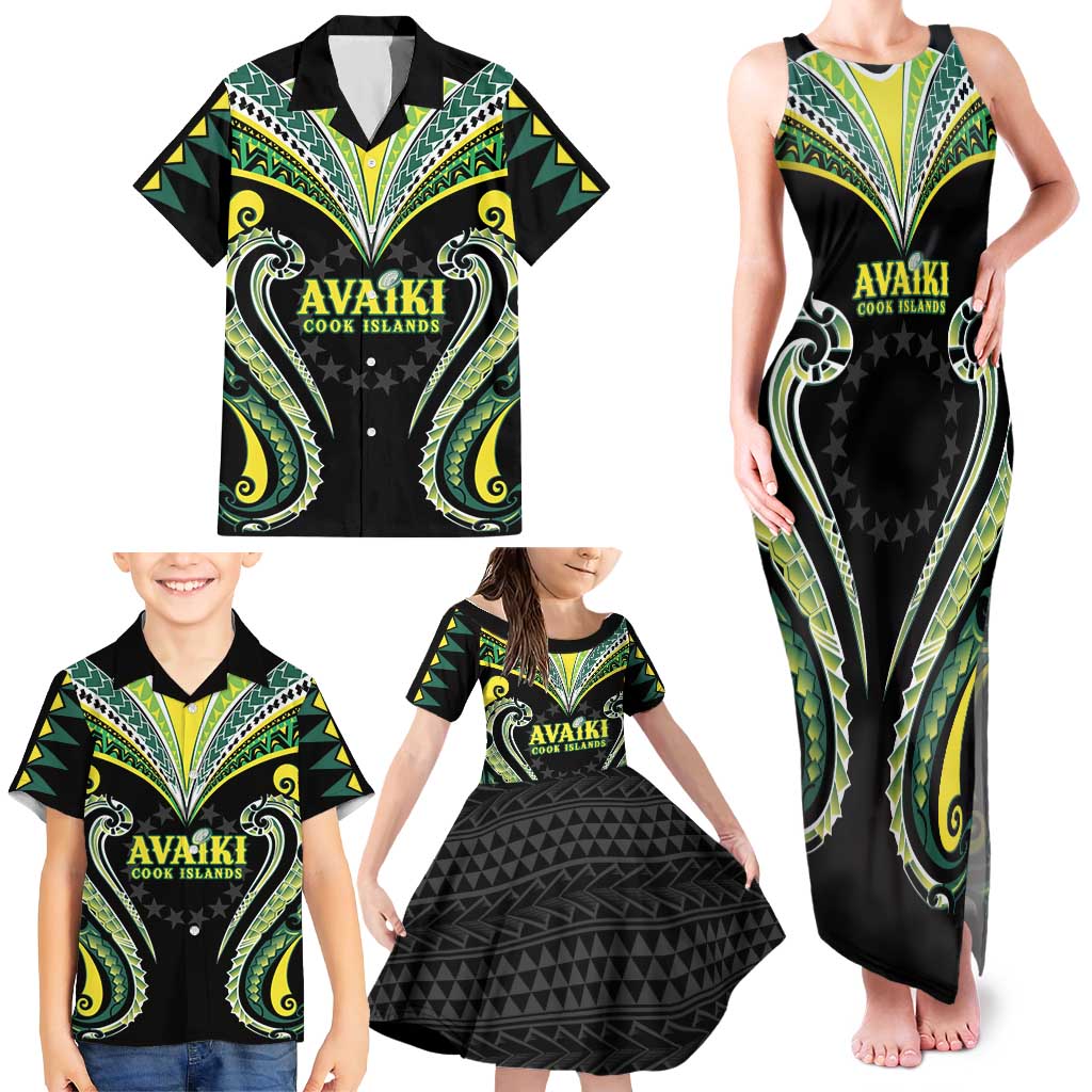 Custom Rugby Cook Islands Avaiki Family Matching Tank Maxi Dress and Hawaiian Shirt Black Kuki Airani Tribal Maori Inspired - Polynesian Pride