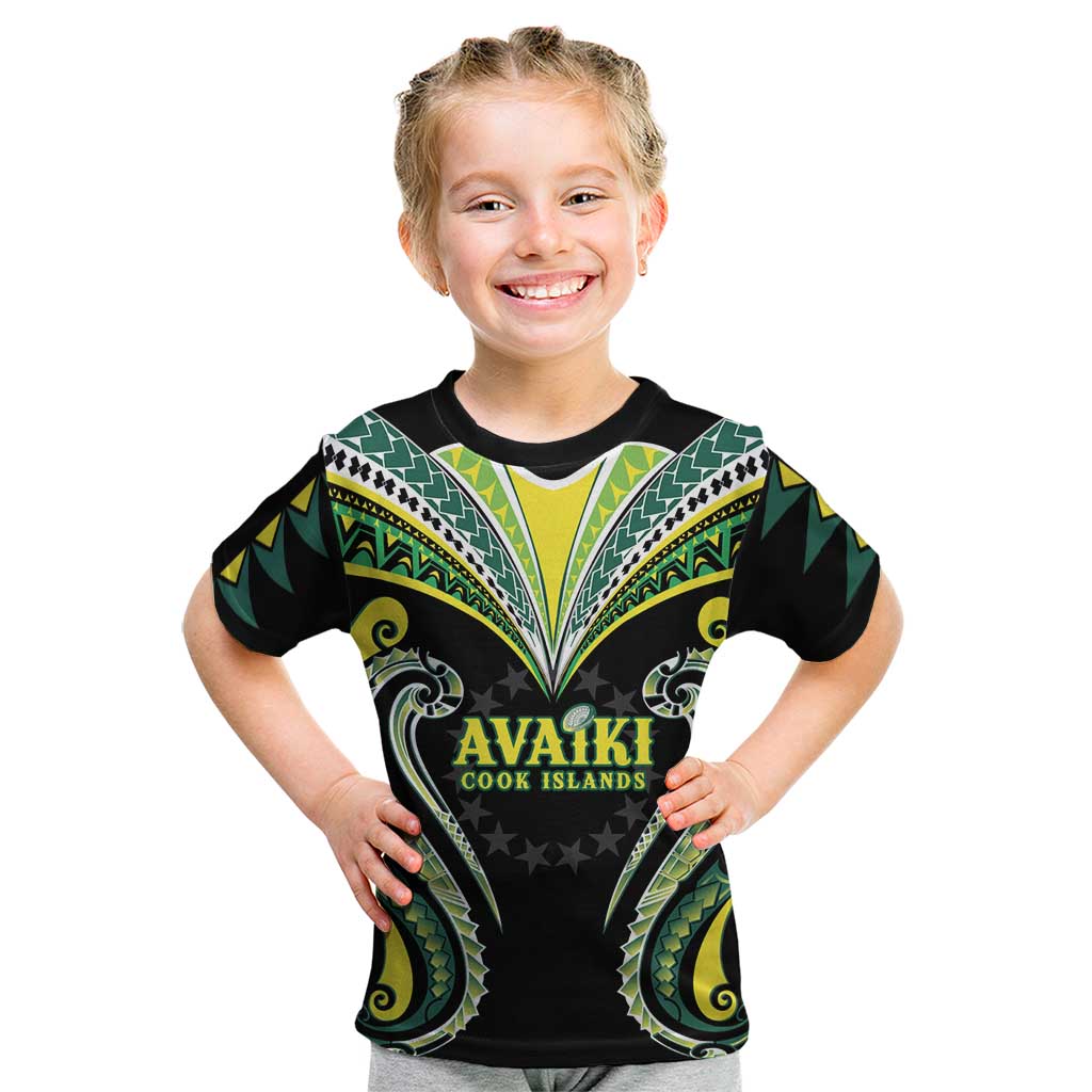 Custom Rugby Cook Islands Avaiki Kid T Shirt Black Kuki Airani Tribal Maori Inspired - Polynesian Pride