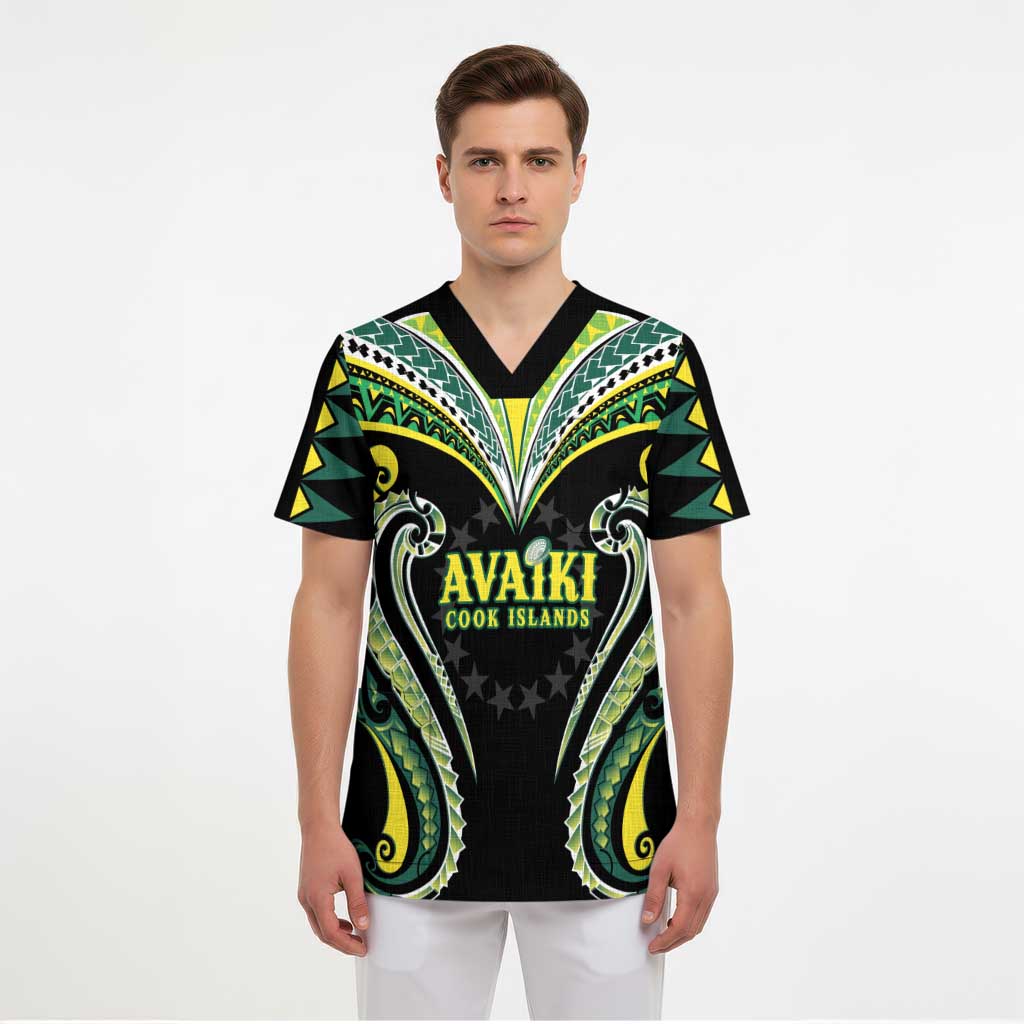 Custom Rugby Cook Islands Avaiki Scrub Top Black Kuki Airani Tribal Maori Inspired LT9 - Polynesian Pride