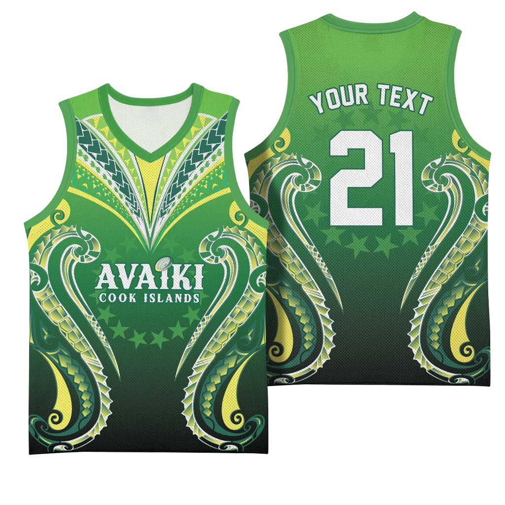Custom Rugby Cook Islands Avaiki Basketball Jersey Green Kuki Airani Tribal Maori Inspired LT9 - Polynesian Pride