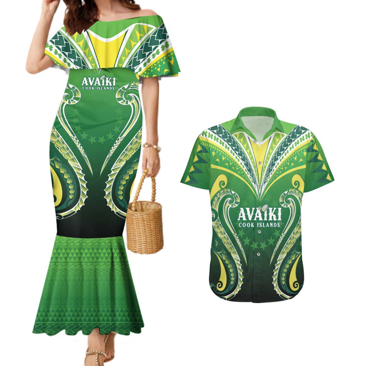 Custom Rugby Cook Islands Avaiki Couples Matching Mermaid Dress and Hawaiian Shirt Green Kuki Airani Tribal Maori Inspired - Polynesian Pride