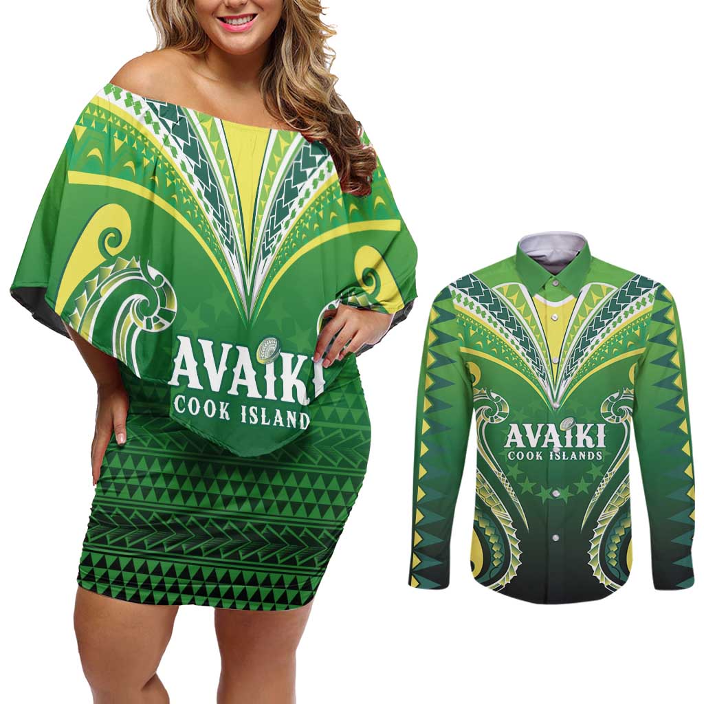 Custom Rugby Cook Islands Avaiki Couples Matching Off Shoulder Short Dress and Long Sleeve Button Shirt Green Kuki Airani Tribal Maori Inspired LT9 Green - Polynesian Pride