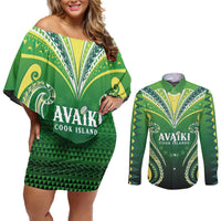 Custom Rugby Cook Islands Avaiki Couples Matching Off Shoulder Short Dress and Long Sleeve Button Shirt Green Kuki Airani Tribal Maori Inspired LT9 Green - Polynesian Pride