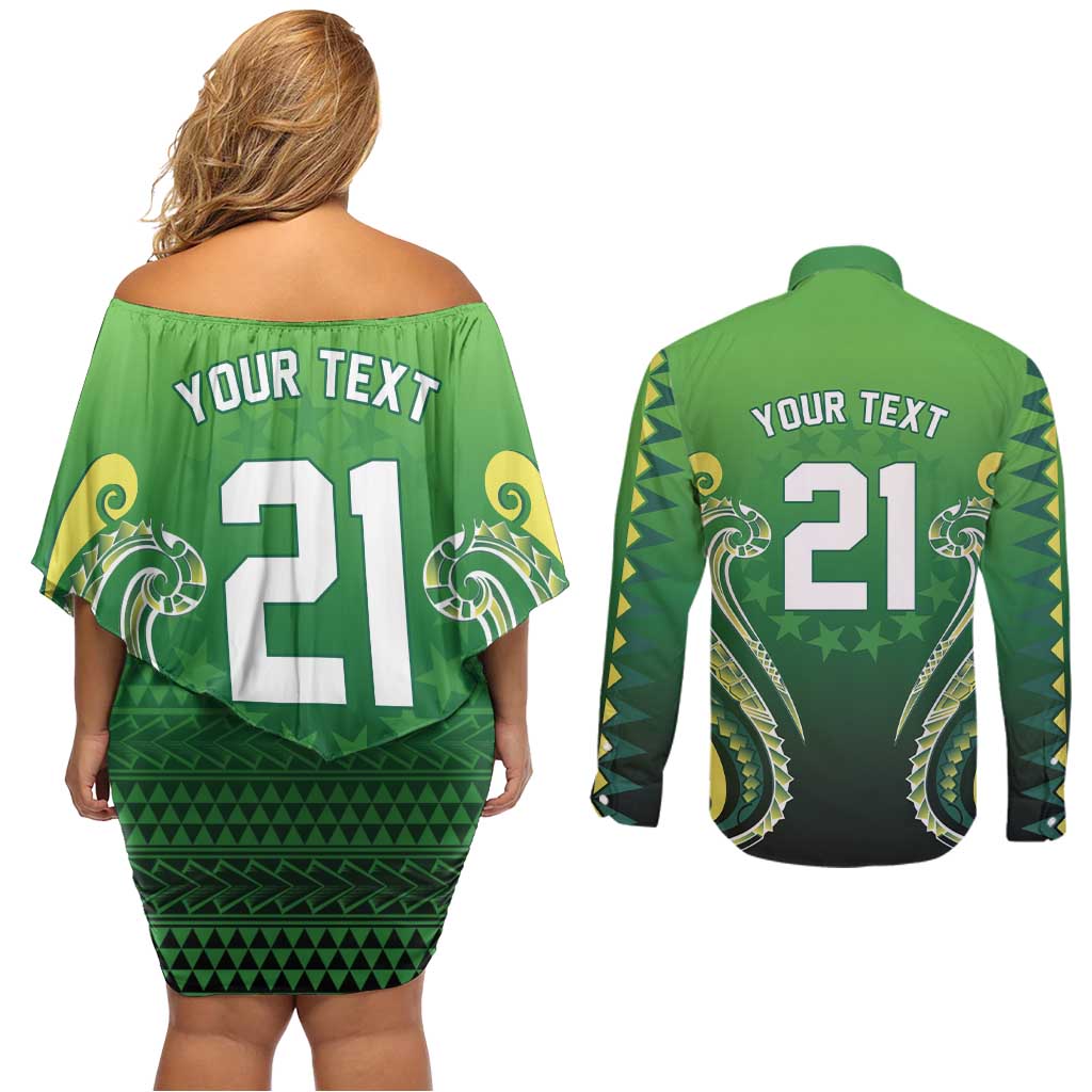 Custom Rugby Cook Islands Avaiki Couples Matching Off Shoulder Short Dress and Long Sleeve Button Shirt Green Kuki Airani Tribal Maori Inspired LT9 - Polynesian Pride