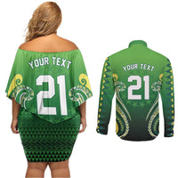 Custom Rugby Cook Islands Avaiki Couples Matching Off Shoulder Short Dress and Long Sleeve Button Shirt Green Kuki Airani Tribal Maori Inspired LT9 - Polynesian Pride