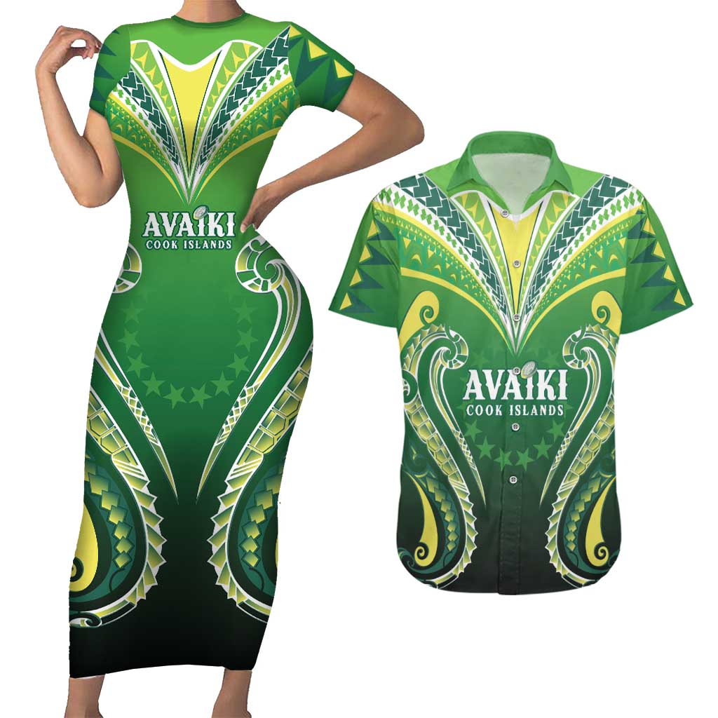Custom Rugby Cook Islands Avaiki Couples Matching Short Sleeve Bodycon Dress and Hawaiian Shirt Green Kuki Airani Tribal Maori Inspired - Polynesian Pride