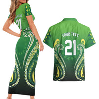 Custom Rugby Cook Islands Avaiki Couples Matching Short Sleeve Bodycon Dress and Hawaiian Shirt Green Kuki Airani Tribal Maori Inspired - Polynesian Pride
