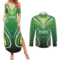 Custom Rugby Cook Islands Avaiki Couples Matching Summer Maxi Dress and Long Sleeve Button Shirt Green Kuki Airani Tribal Maori Inspired - Polynesian Pride