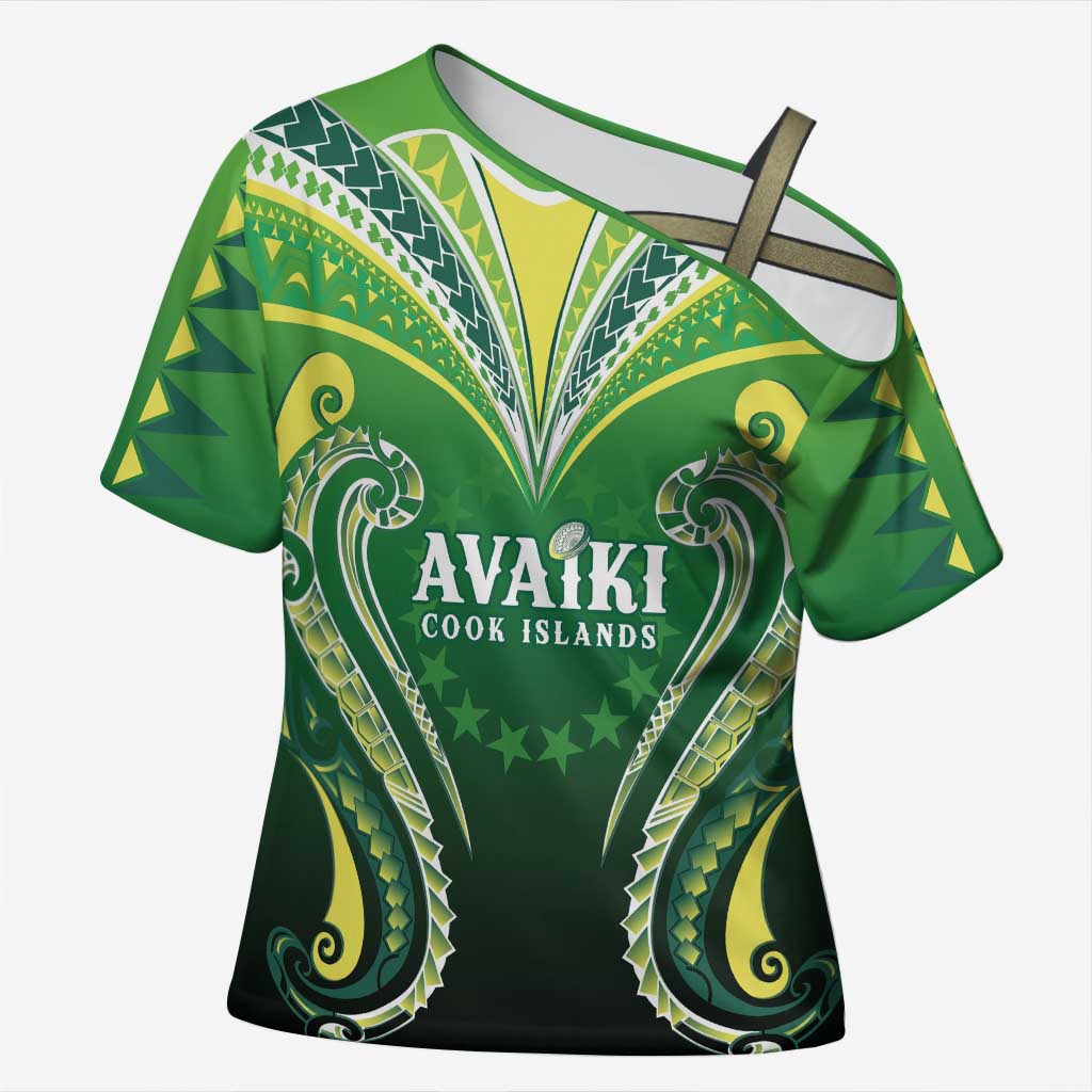 Custom Rugby Cook Islands Avaiki Cross Shoulder Shirt Green Kuki Airani Tribal Maori Inspired LT9 Female Green - Polynesian Pride