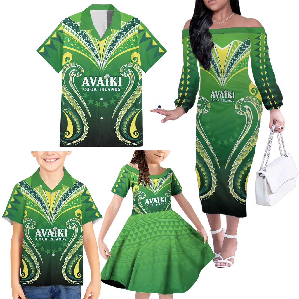 Custom Rugby Cook Islands Avaiki Family Matching Off The Shoulder Long Sleeve Dress and Hawaiian Shirt Green Kuki Airani Tribal Maori Inspired - Polynesian Pride