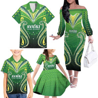 Custom Rugby Cook Islands Avaiki Family Matching Off The Shoulder Long Sleeve Dress and Hawaiian Shirt Green Kuki Airani Tribal Maori Inspired - Polynesian Pride
