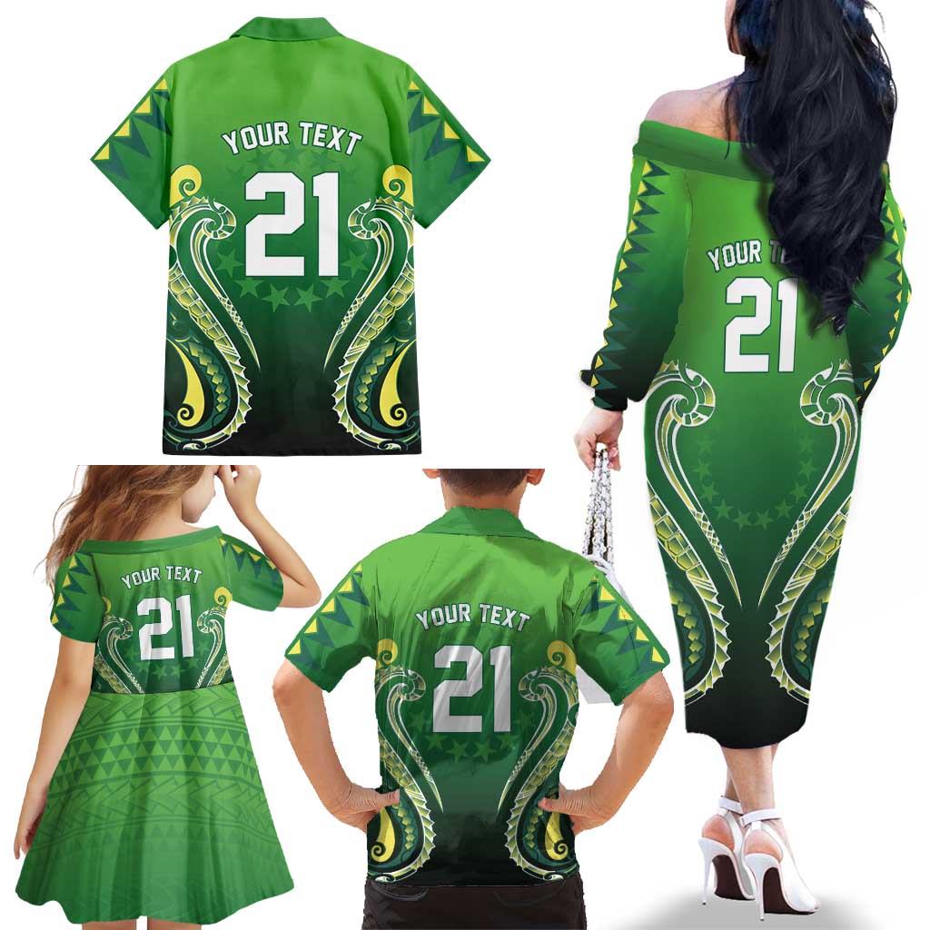 Custom Rugby Cook Islands Avaiki Family Matching Off The Shoulder Long Sleeve Dress and Hawaiian Shirt Green Kuki Airani Tribal Maori Inspired - Polynesian Pride