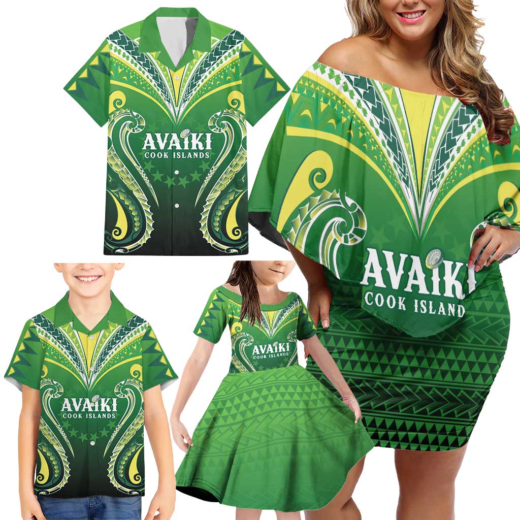 Custom Rugby Cook Islands Avaiki Family Matching Off Shoulder Short Dress and Hawaiian Shirt Green Kuki Airani Tribal Maori Inspired - Polynesian Pride