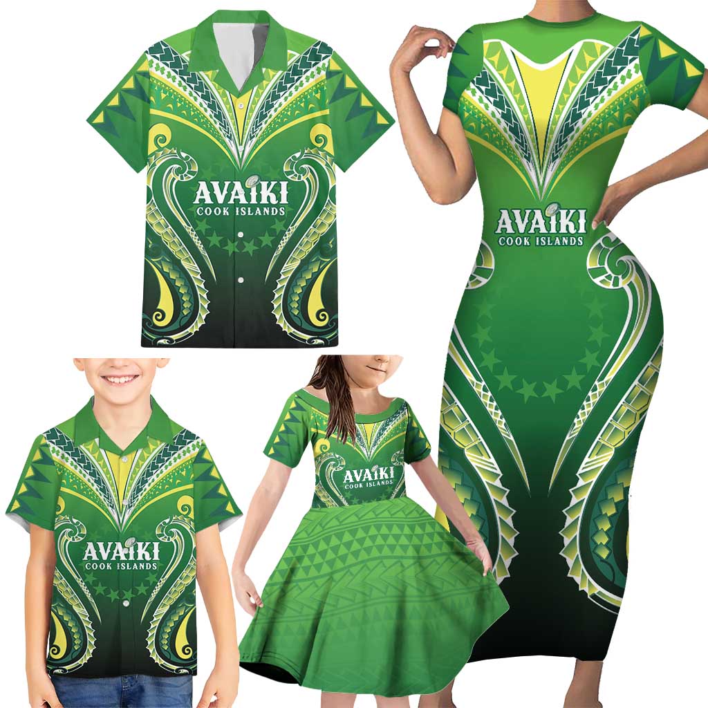 Custom Rugby Cook Islands Avaiki Family Matching Short Sleeve Bodycon Dress and Hawaiian Shirt Green Kuki Airani Tribal Maori Inspired - Polynesian Pride