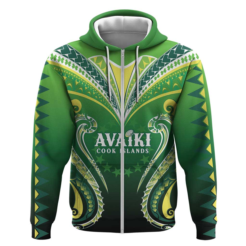 Custom Rugby Cook Islands Avaiki Hoodie Green Kuki Airani Tribal Maori Inspired LT9 Zip Hoodie Green - Polynesian Pride