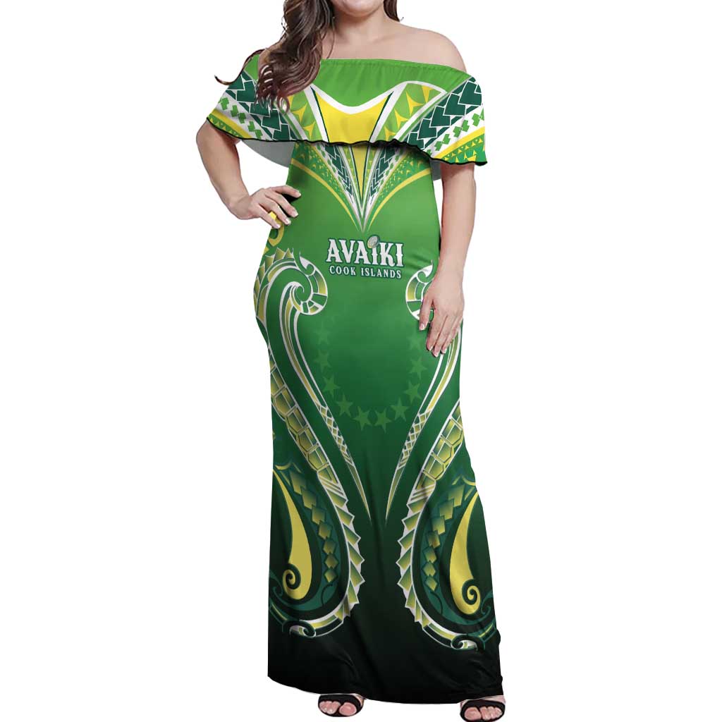 Custom Rugby Cook Islands Avaiki Off Shoulder Maxi Dress Green Kuki Airani Tribal Maori Inspired LT9 Women Green - Polynesian Pride