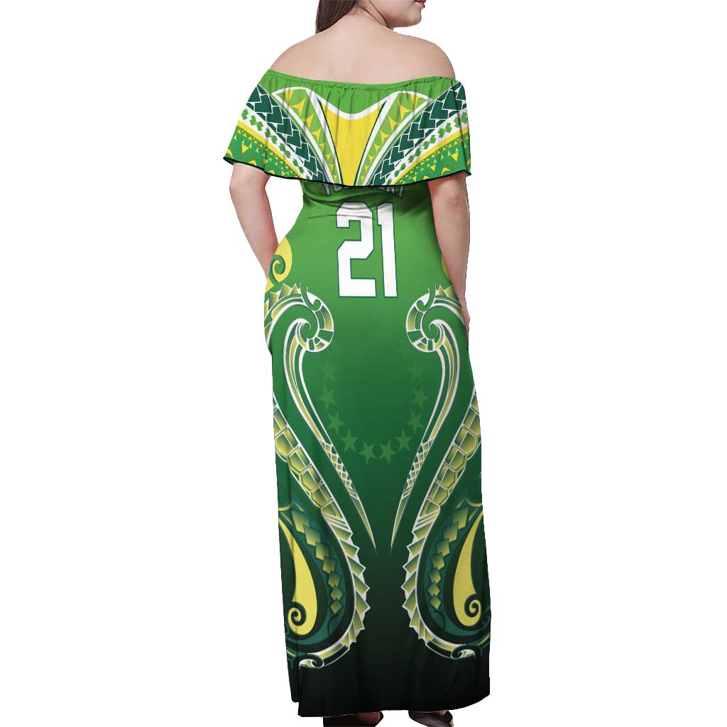 Custom Rugby Cook Islands Avaiki Off Shoulder Maxi Dress Green Kuki Airani Tribal Maori Inspired LT9 - Polynesian Pride