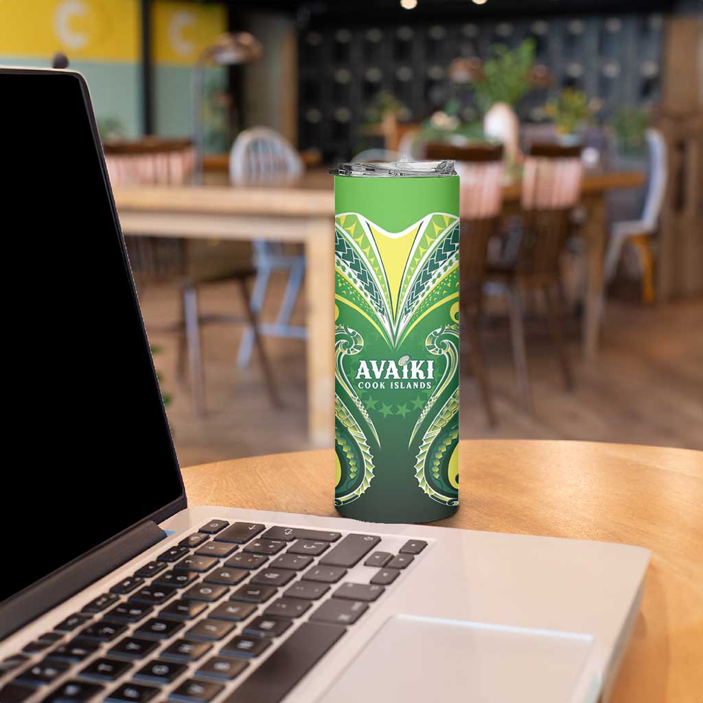 Custom Rugby Cook Islands Avaiki Skinny Tumbler Green Kuki Airani Tribal Maori Inspired - Polynesian Pride