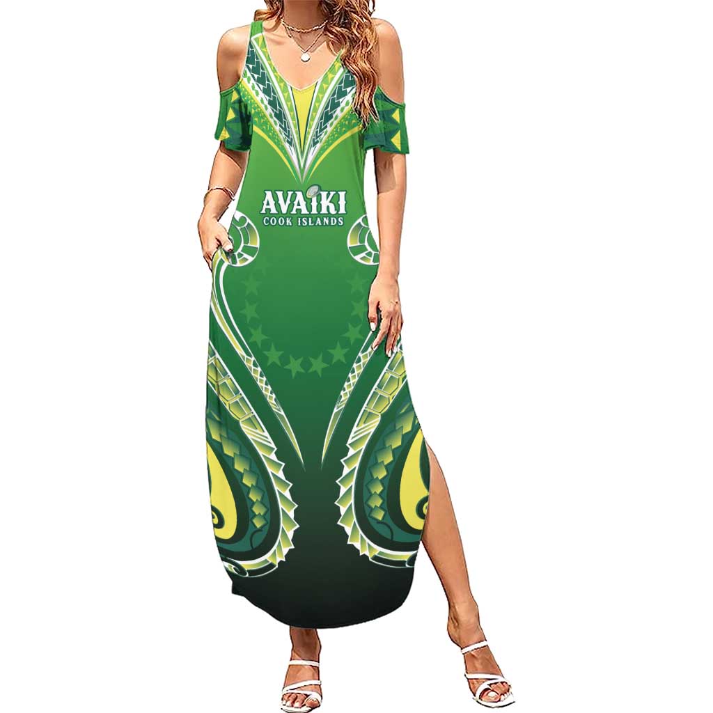 Custom Rugby Cook Islands Avaiki Summer Maxi Dress Green Kuki Airani Tribal Maori Inspired LT9 Women Green - Polynesian Pride
