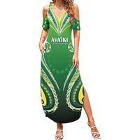 Custom Rugby Cook Islands Avaiki Summer Maxi Dress Green Kuki Airani Tribal Maori Inspired LT9 Women Green - Polynesian Pride