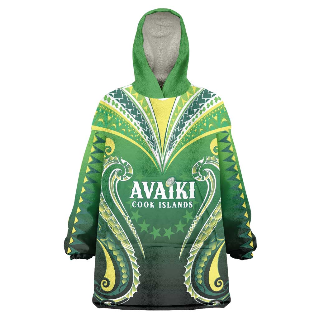 Custom Rugby Cook Islands Avaiki Wearable Blanket Hoodie Green Kuki Airani Tribal Maori Inspired LT9 One Size Green - Polynesian Pride