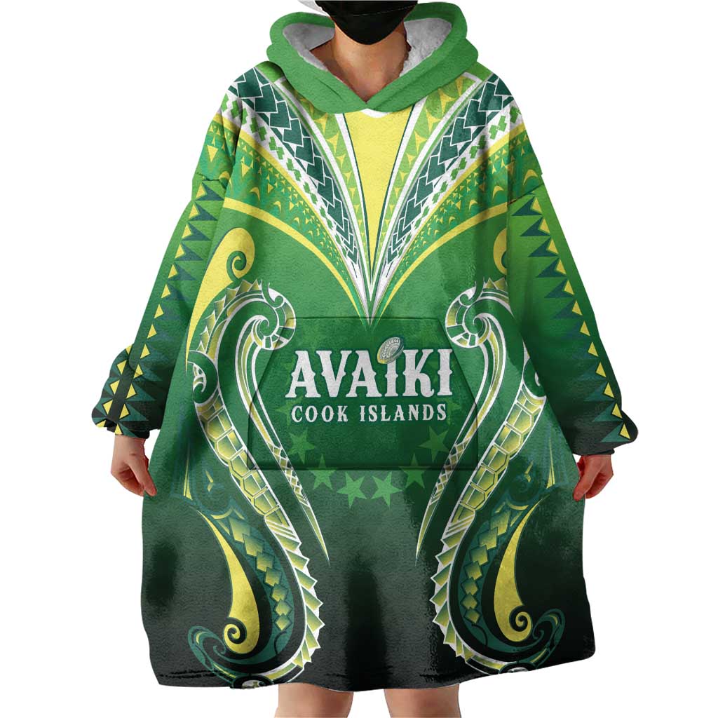 Custom Rugby Cook Islands Avaiki Wearable Blanket Hoodie Green Kuki Airani Tribal Maori Inspired LT9 - Polynesian Pride