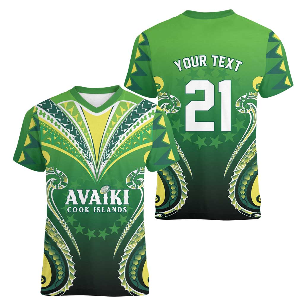 Custom Rugby Cook Islands Avaiki Women V-Neck T-Shirt Green Kuki Airani Tribal Maori Inspired - Polynesian Pride