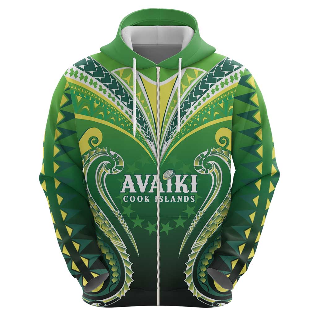 Custom Rugby Cook Islands Avaiki Zip Hoodie Green Kuki Airani Tribal Maori Inspired LT9 - Polynesian Pride