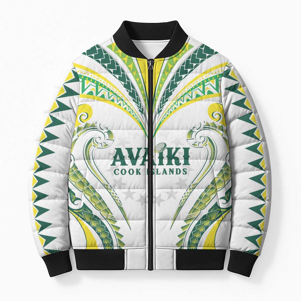 Custom Rugby Cook Islands Avaiki Bomber Puffer Jacket White Kuki Airani Tribal Maori Inspired LT9 Unisex White - Polynesian Pride