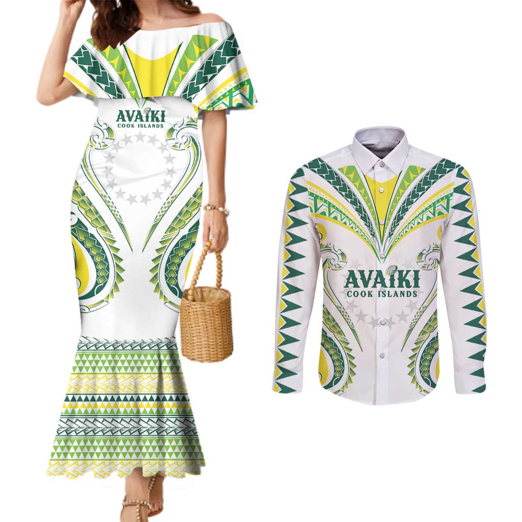 Custom Rugby Cook Islands Avaiki Couples Matching Mermaid Dress and Long Sleeve Button Shirt White Kuki Airani Tribal Maori Inspired LT9 White - Polynesian Pride