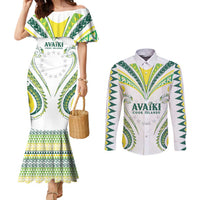 Custom Rugby Cook Islands Avaiki Couples Matching Mermaid Dress and Long Sleeve Button Shirt White Kuki Airani Tribal Maori Inspired LT9 White - Polynesian Pride