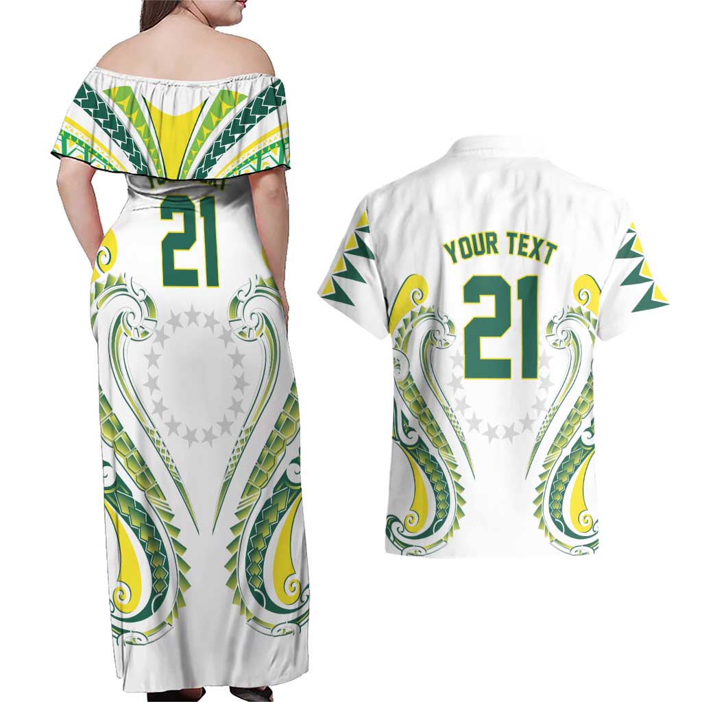 Custom Rugby Cook Islands Avaiki Couples Matching Off Shoulder Maxi Dress and Hawaiian Shirt White Kuki Airani Tribal Maori Inspired - Polynesian Pride
