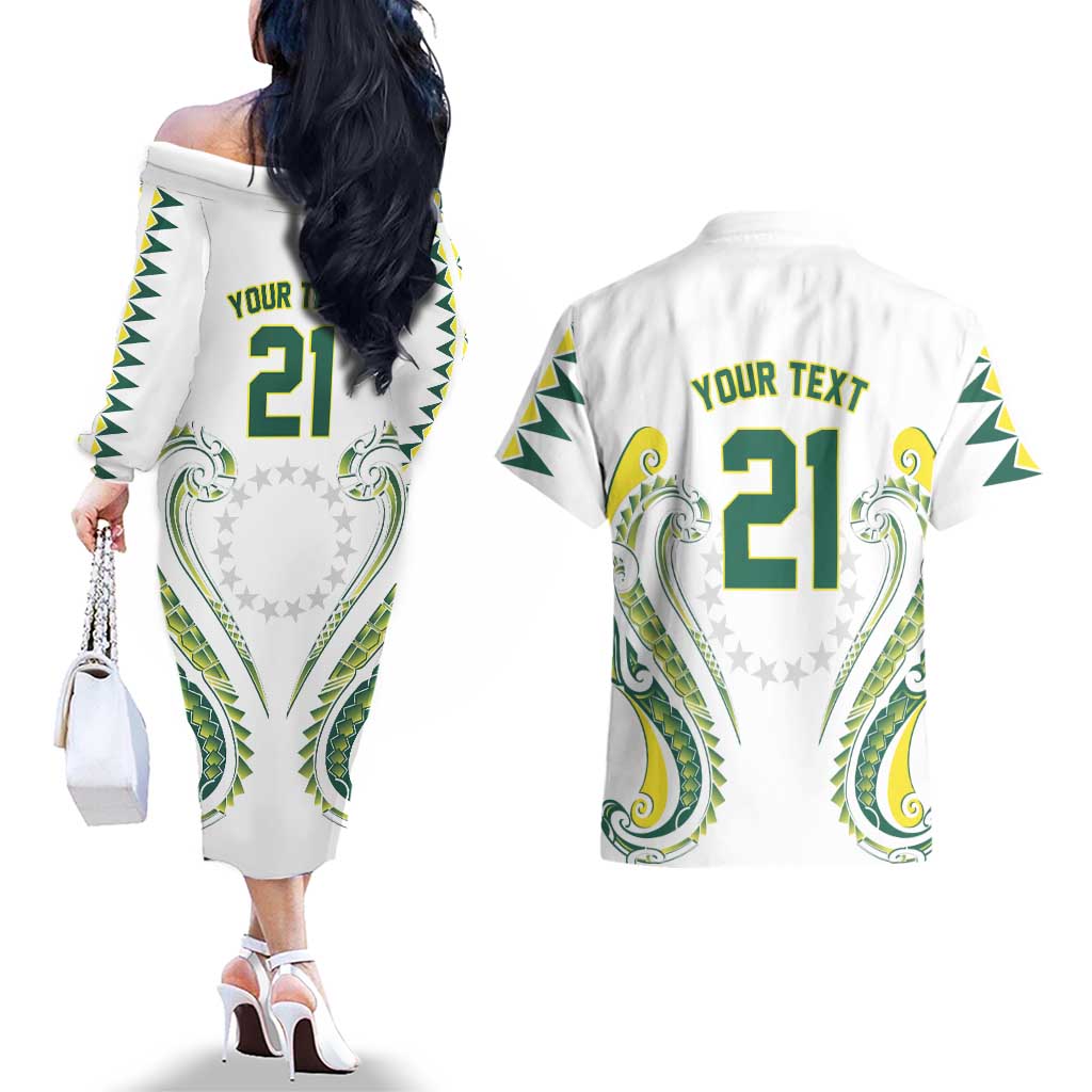 Custom Rugby Cook Islands Avaiki Couples Matching Off The Shoulder Long Sleeve Dress and Hawaiian Shirt White Kuki Airani Tribal Maori Inspired - Polynesian Pride