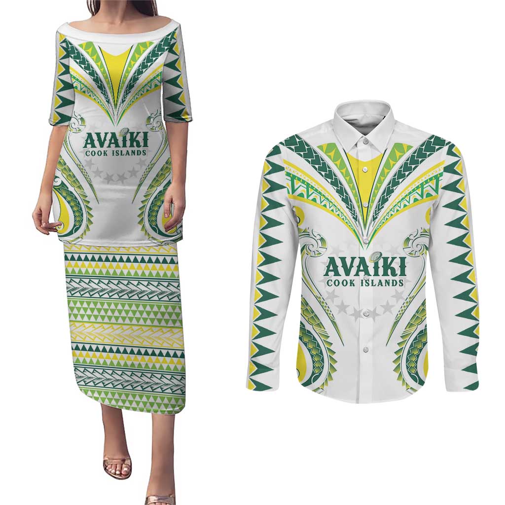Custom Rugby Cook Islands Avaiki Couples Matching Puletasi and Long Sleeve Button Shirt White Kuki Airani Tribal Maori Inspired - Polynesian Pride