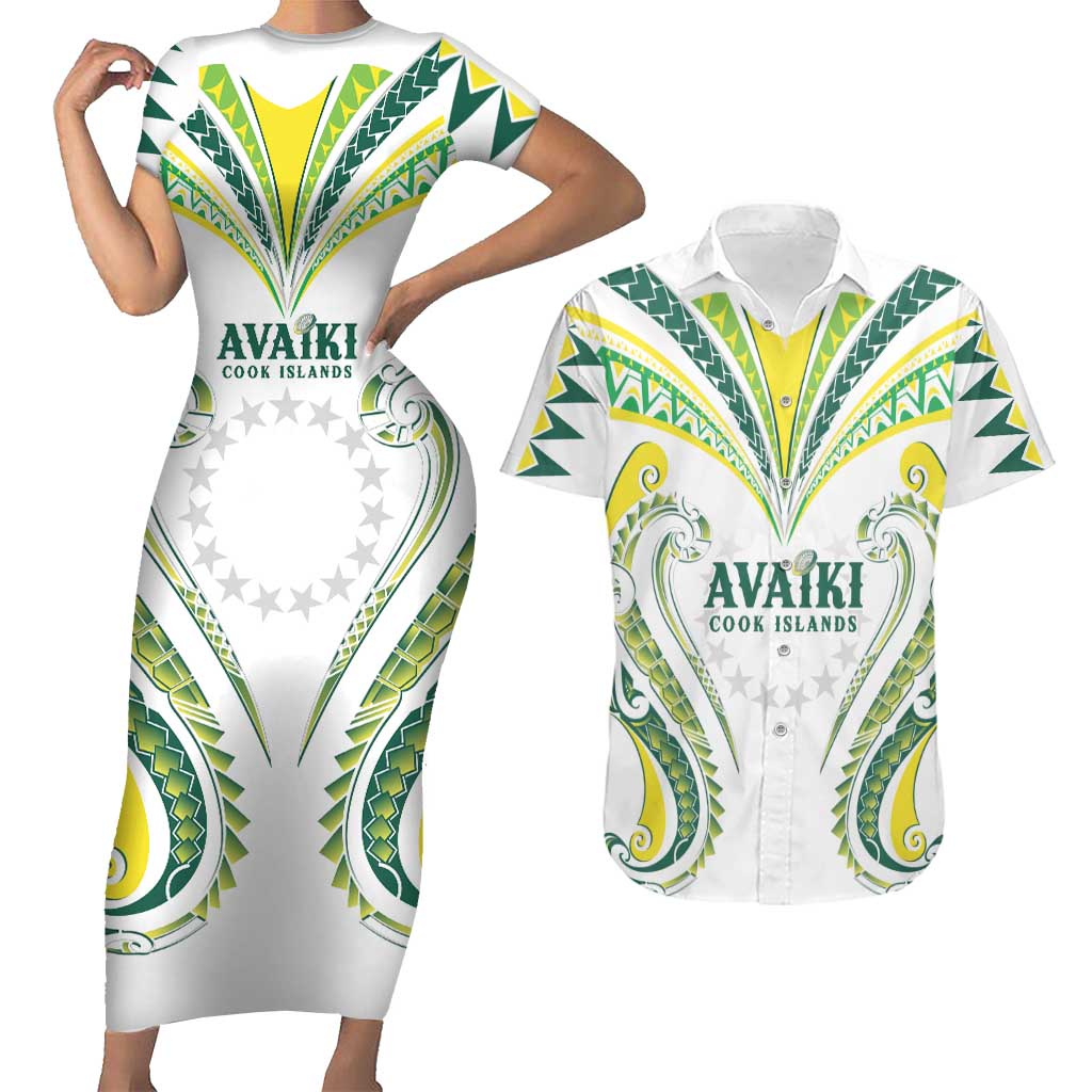 Custom Rugby Cook Islands Avaiki Couples Matching Short Sleeve Bodycon Dress and Hawaiian Shirt White Kuki Airani Tribal Maori Inspired - Polynesian Pride