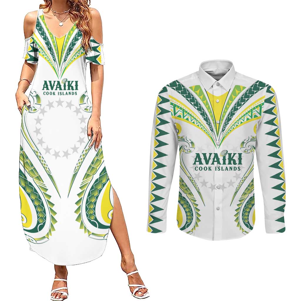 Custom Rugby Cook Islands Avaiki Couples Matching Summer Maxi Dress and Long Sleeve Button Shirt White Kuki Airani Tribal Maori Inspired - Polynesian Pride