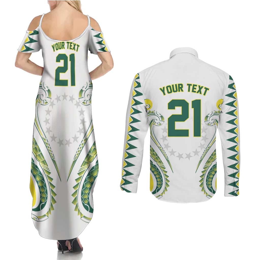 Custom Rugby Cook Islands Avaiki Couples Matching Summer Maxi Dress and Long Sleeve Button Shirt White Kuki Airani Tribal Maori Inspired - Polynesian Pride