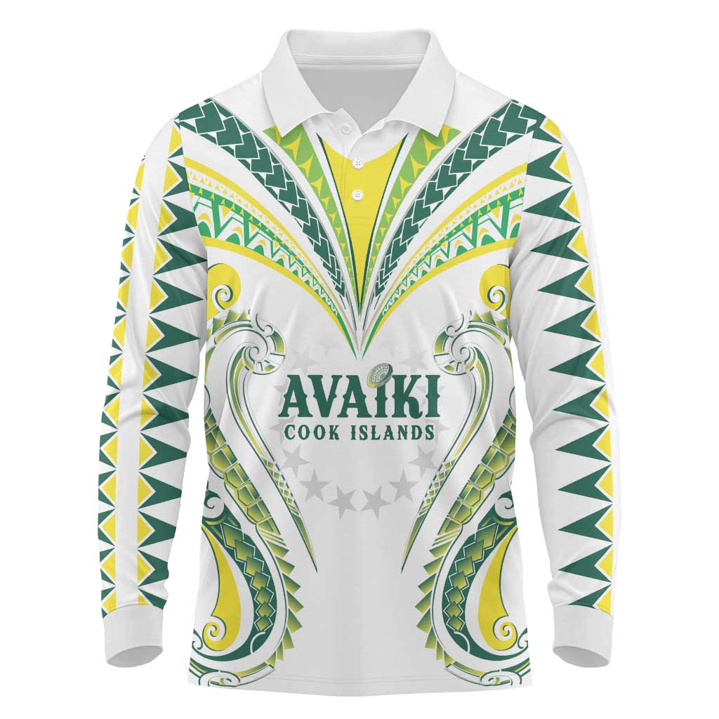Custom Rugby Cook Islands Avaiki Long Sleeve Polo Shirt White Kuki Airani Tribal Maori Inspired LT9 White - Polynesian Pride