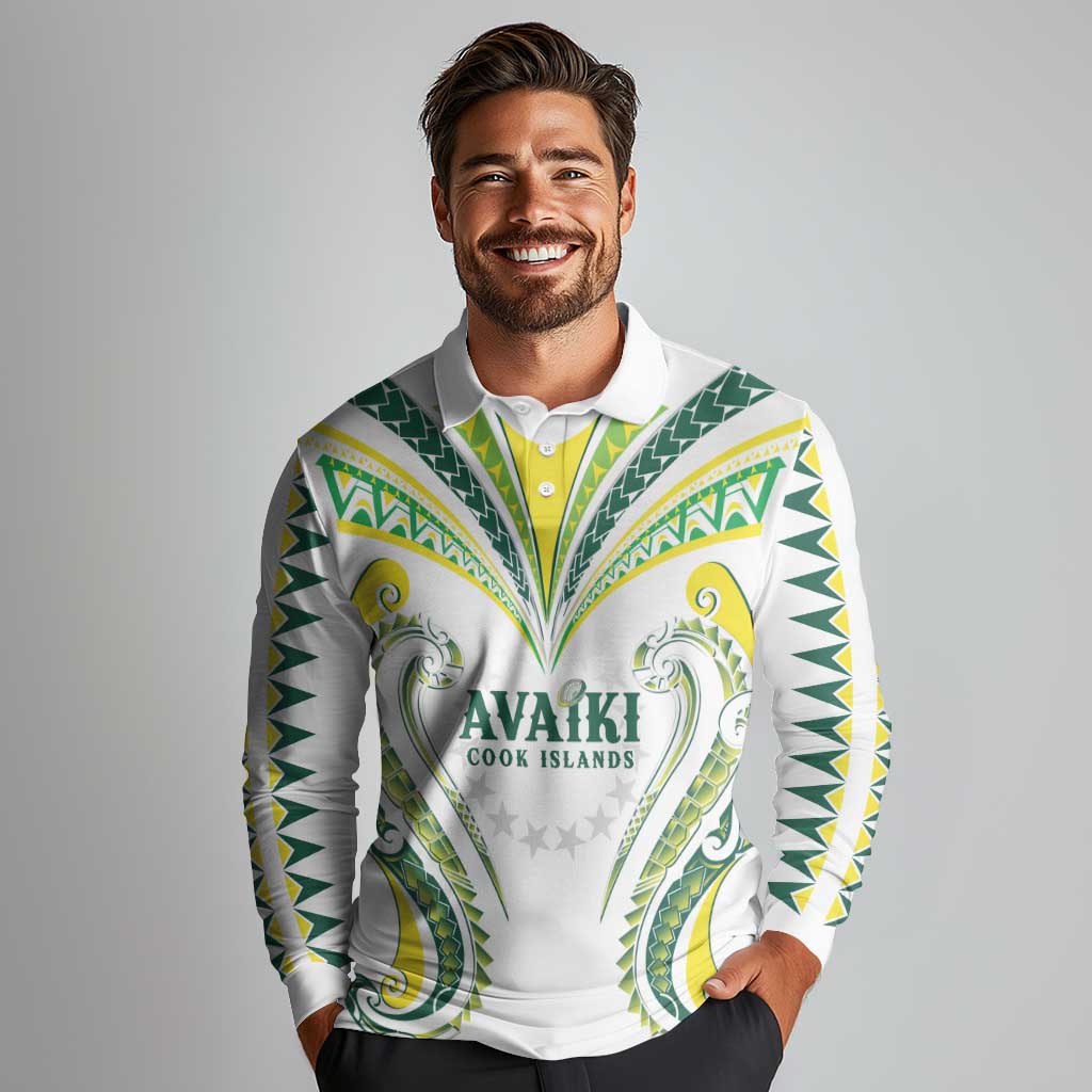 Custom Rugby Cook Islands Avaiki Long Sleeve Polo Shirt White Kuki Airani Tribal Maori Inspired LT9 - Polynesian Pride
