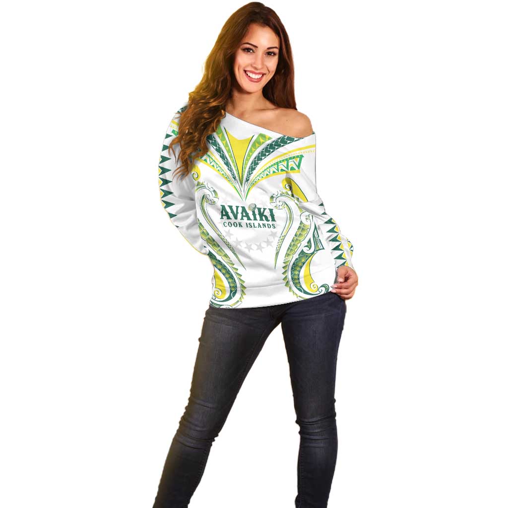 Custom Rugby Cook Islands Avaiki Off Shoulder Sweater White Kuki Airani Tribal Maori Inspired - Polynesian Pride