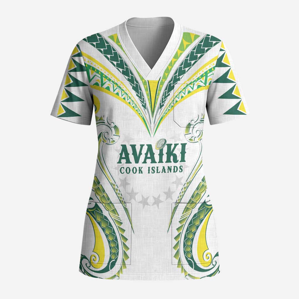 Custom Rugby Cook Islands Avaiki Scrub Top White Kuki Airani Tribal Maori Inspired LT9 Adult White - Polynesian Pride