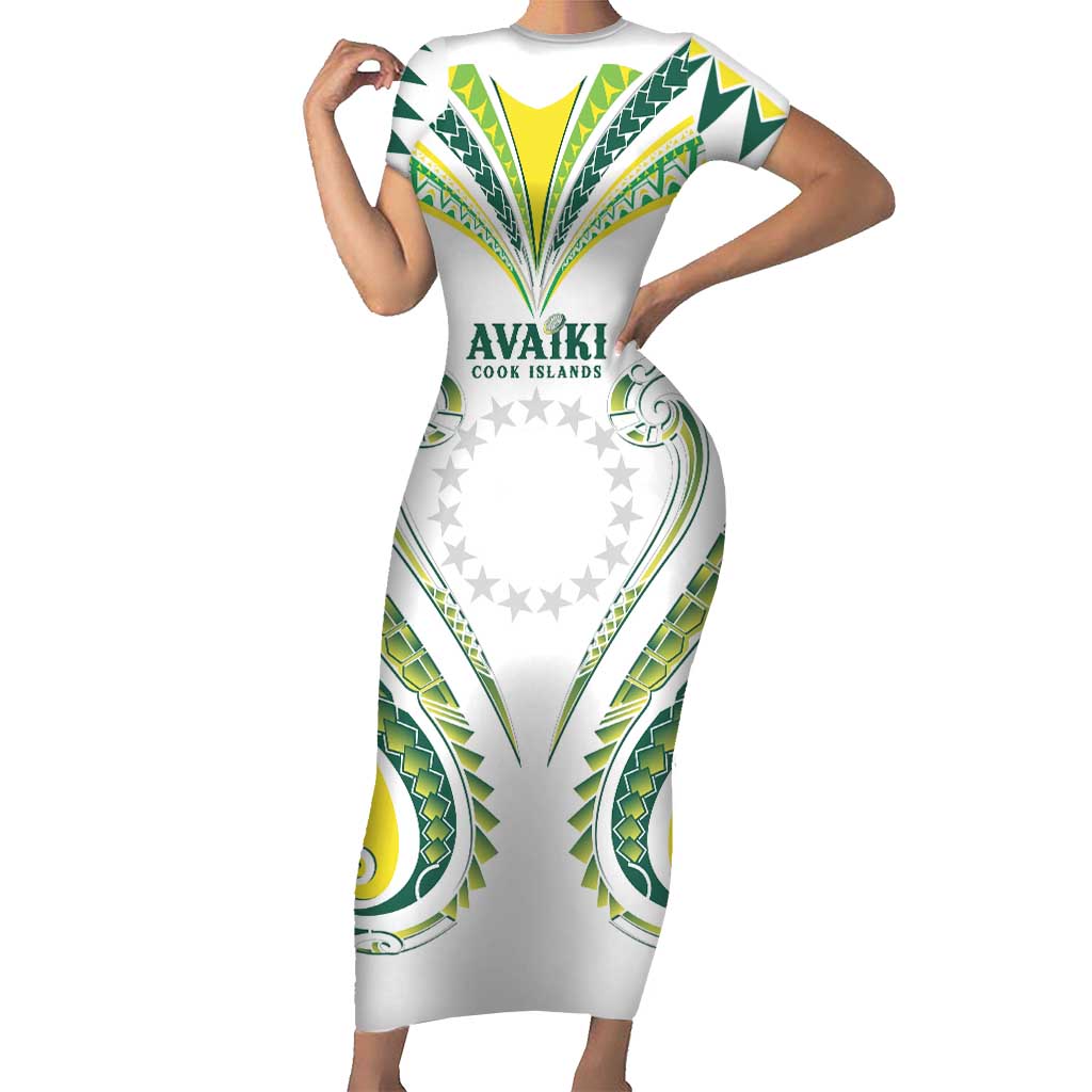 Custom Rugby Cook Islands Avaiki Short Sleeve Bodycon Dress White Kuki Airani Tribal Maori Inspired - Polynesian Pride